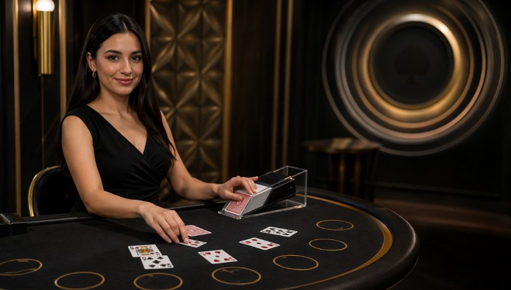 Elegant blackjack dealer in luxurious casino studio